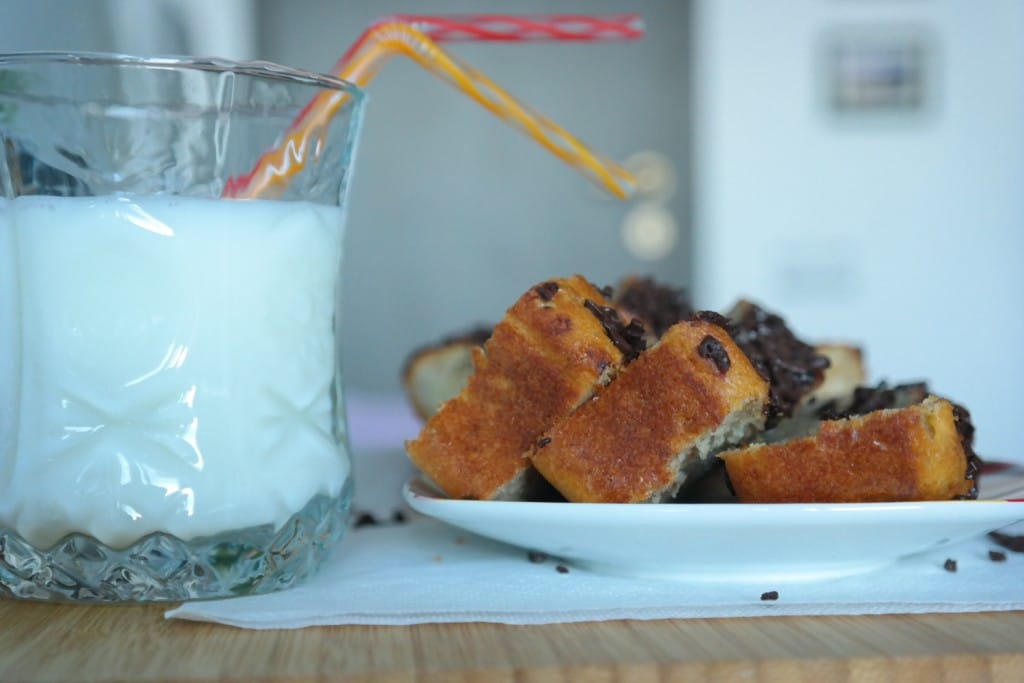 Banana bread with a cup of milk