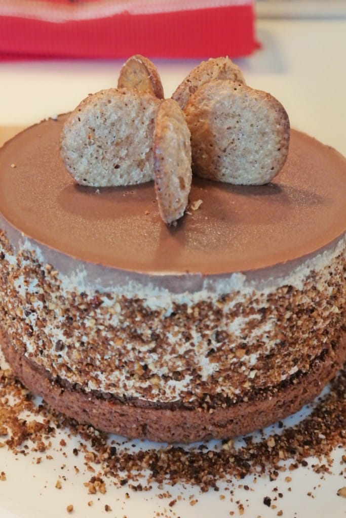 A tasty cake with almonds, nuts and chocolate mousse