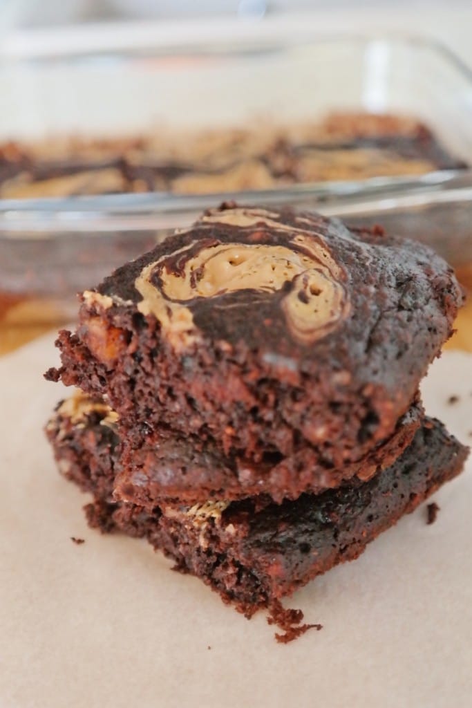 Homemade banana brownie with a peanut butter swirl