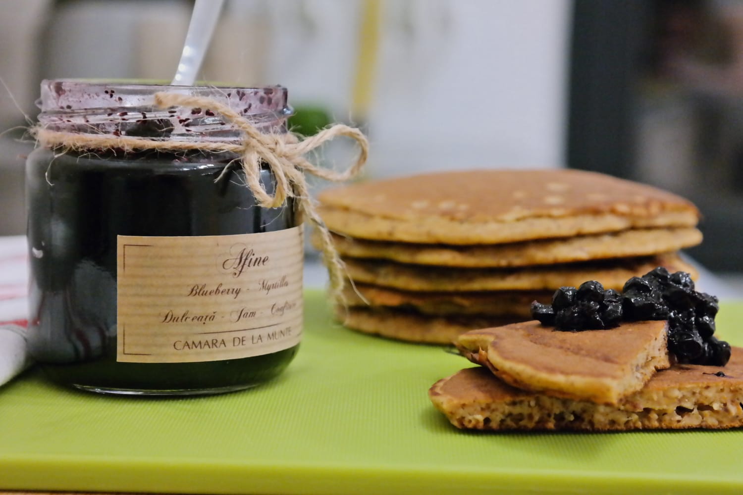 Carrot and walnut pancakes with vanilla, served with blueberry jam for breakfast