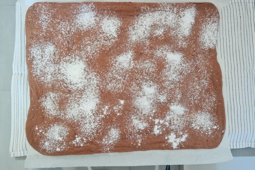Baked cocoa sponge cake dusted with powdered sugar on parchment paper