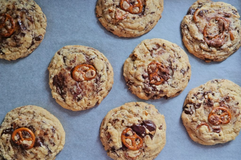 Chocolate chip and pretzel cookies - out of the oven