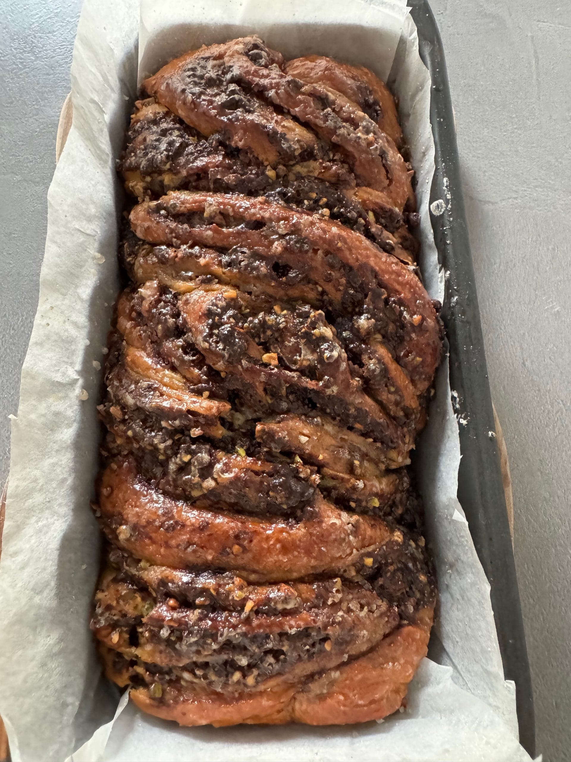 Chocolate and pistachio sweet bread with brandy syrup