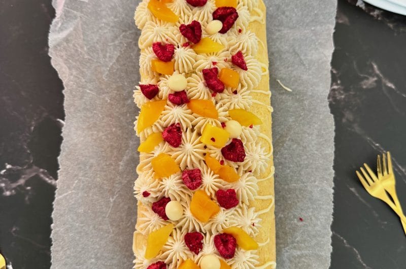 White Chocolate Ganache Swiss Roll with Mango and Tonka