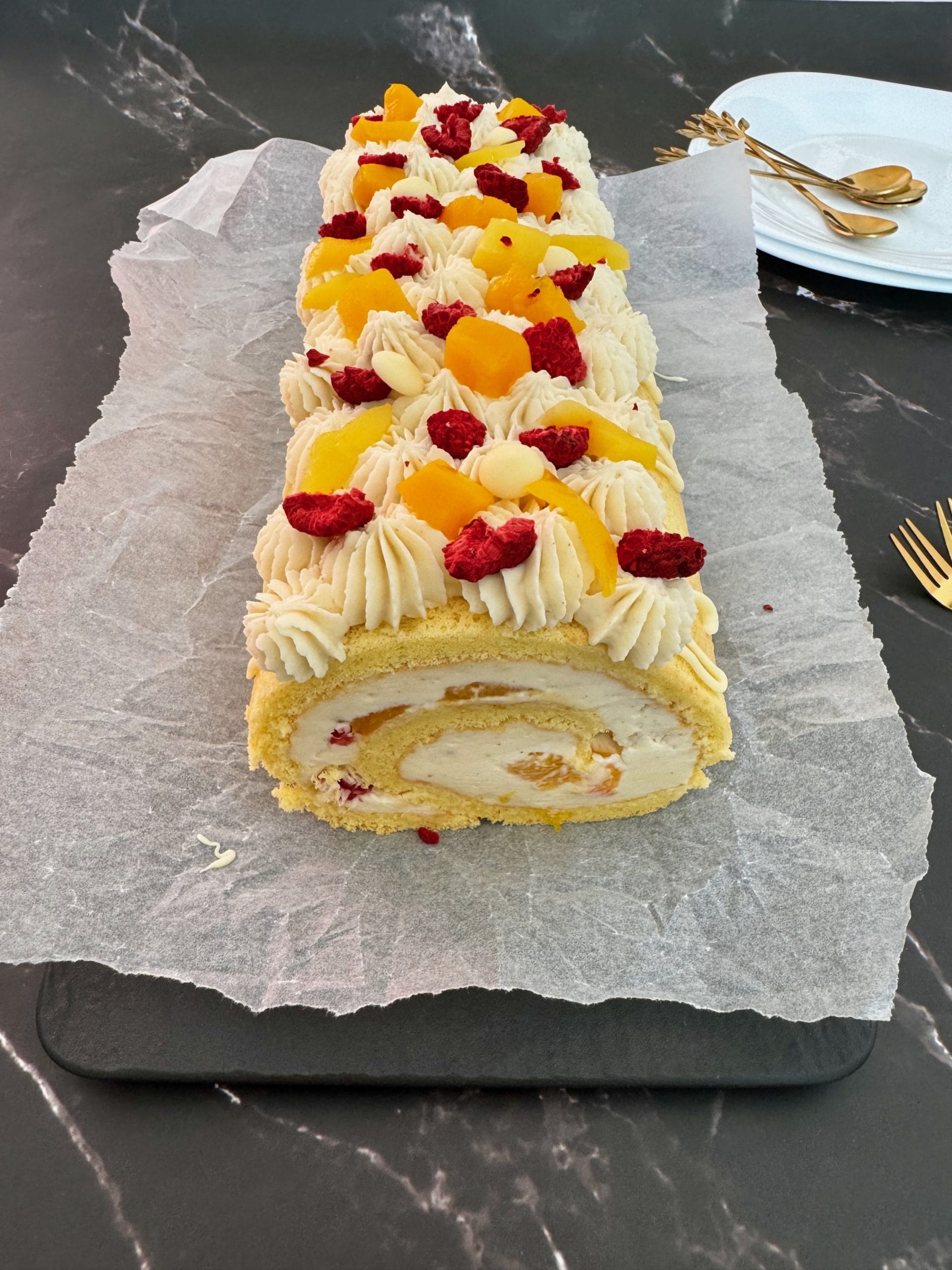 White Chocolate Tonka Ganache with Mascarpone and Mango Roll Cake