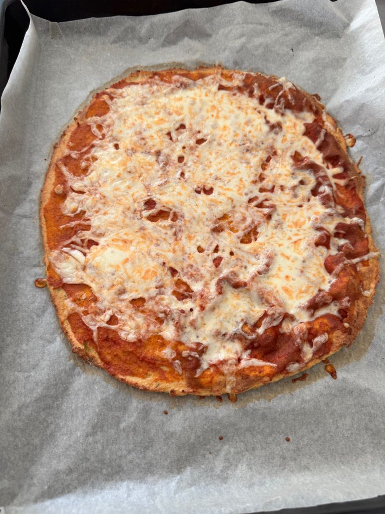 Freshly baked high-protein pizza