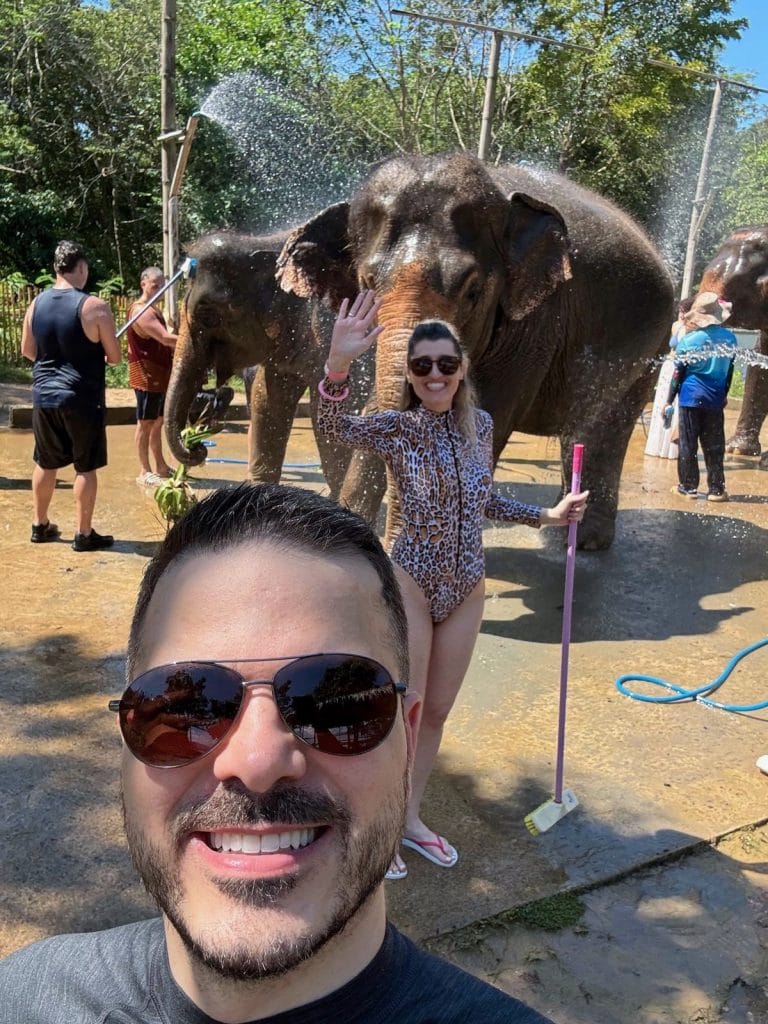 Bathing the elephants at the sanctuary, Phuket, Thailand
