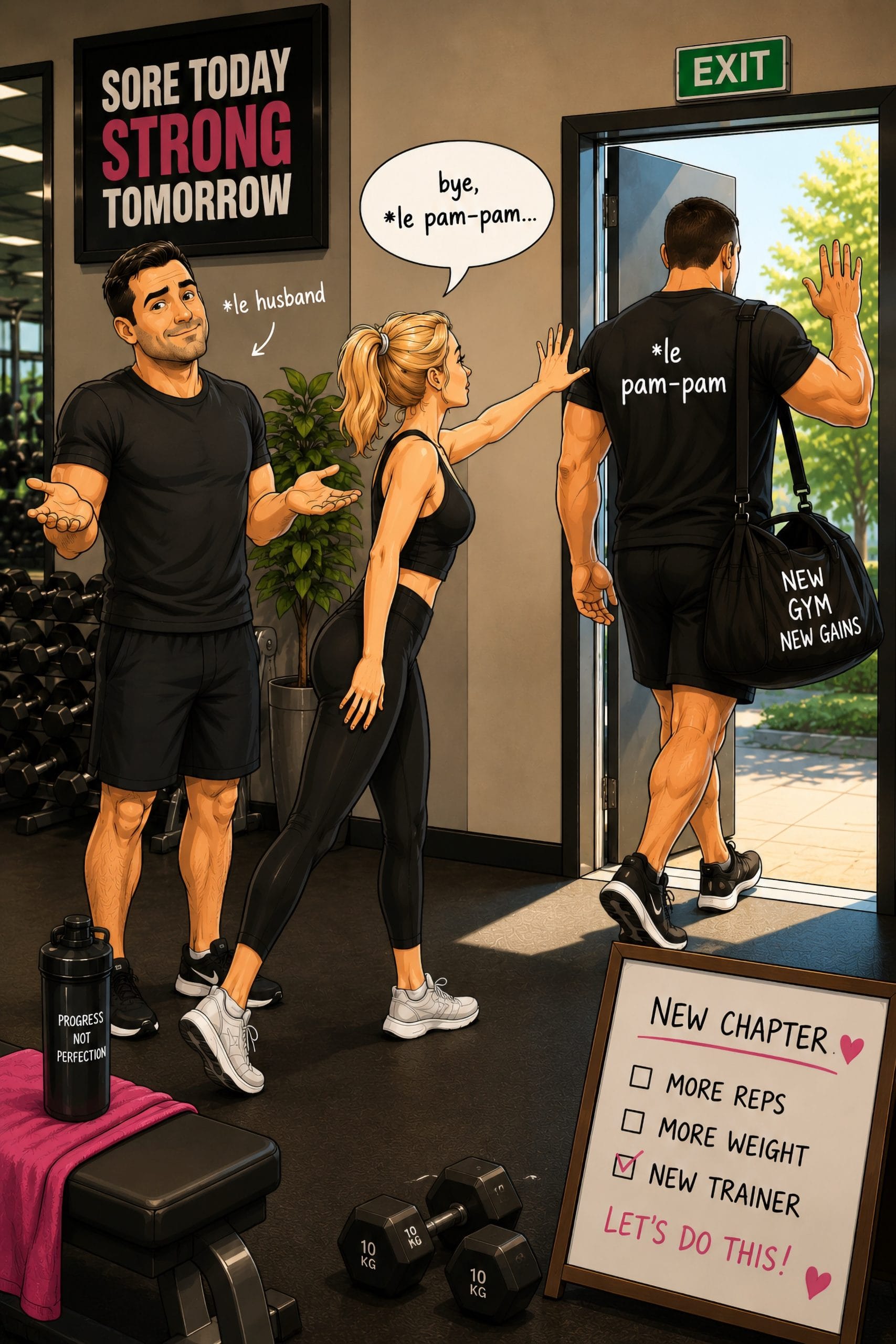 Ilustratie in stil cartoon cu o femeie si sotul ei luandu-si ramas bun de la primul lor antrenor personal intr-o sala de fitness.