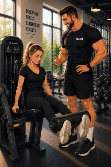 Cartoon illustration of a woman using a gym machine while being coached by a personal trainer in a modern fitness gym.