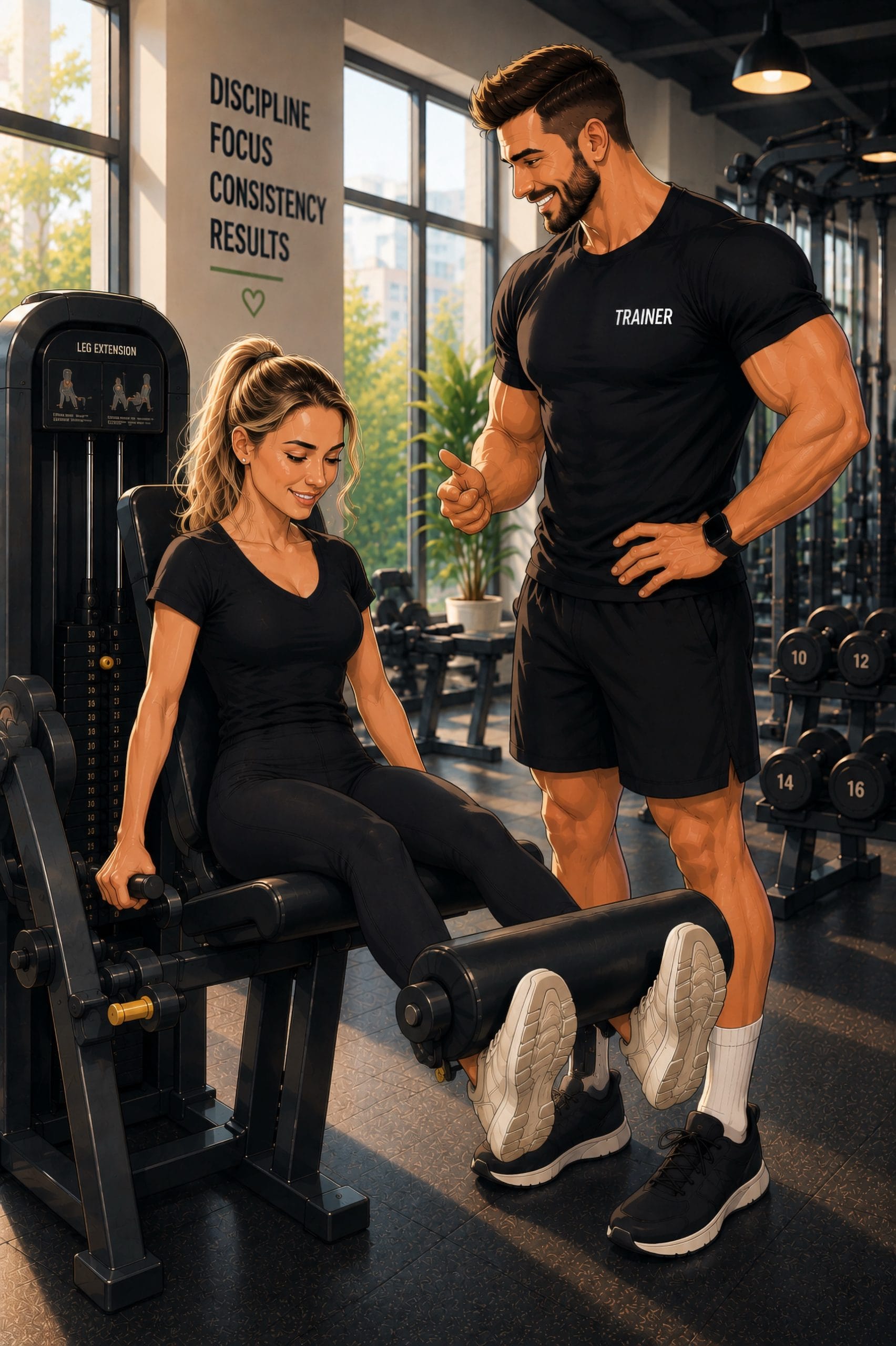 Cartoon illustration of a woman using a gym machine while being coached by a personal trainer in a modern fitness gym.