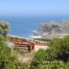 A panoramic view from a green hill towards the rocky headland of the Cape of Good Hope and the vast ocean waters in Cape Town.
