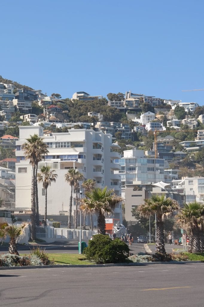 Cladiri rezidentiale moderne cu aspect curbat, palmieri si masini parcate pe o strada de langa coasta, cu un versant muntos plin de case in fundal in Cape Town.