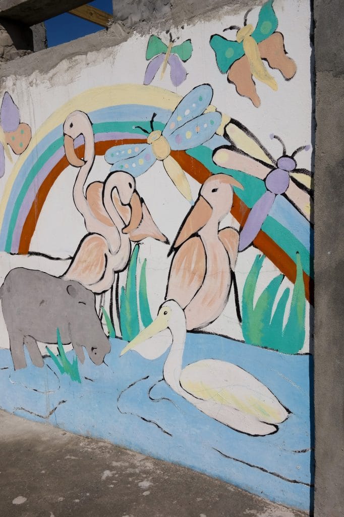 Pictura murala colorata pe un perete de beton, infatisand un hipopotam, pasari flamingo, pelicani, fluturi si un curcubeu, realizata in cadrul unui proiect educational din Cape Town.
