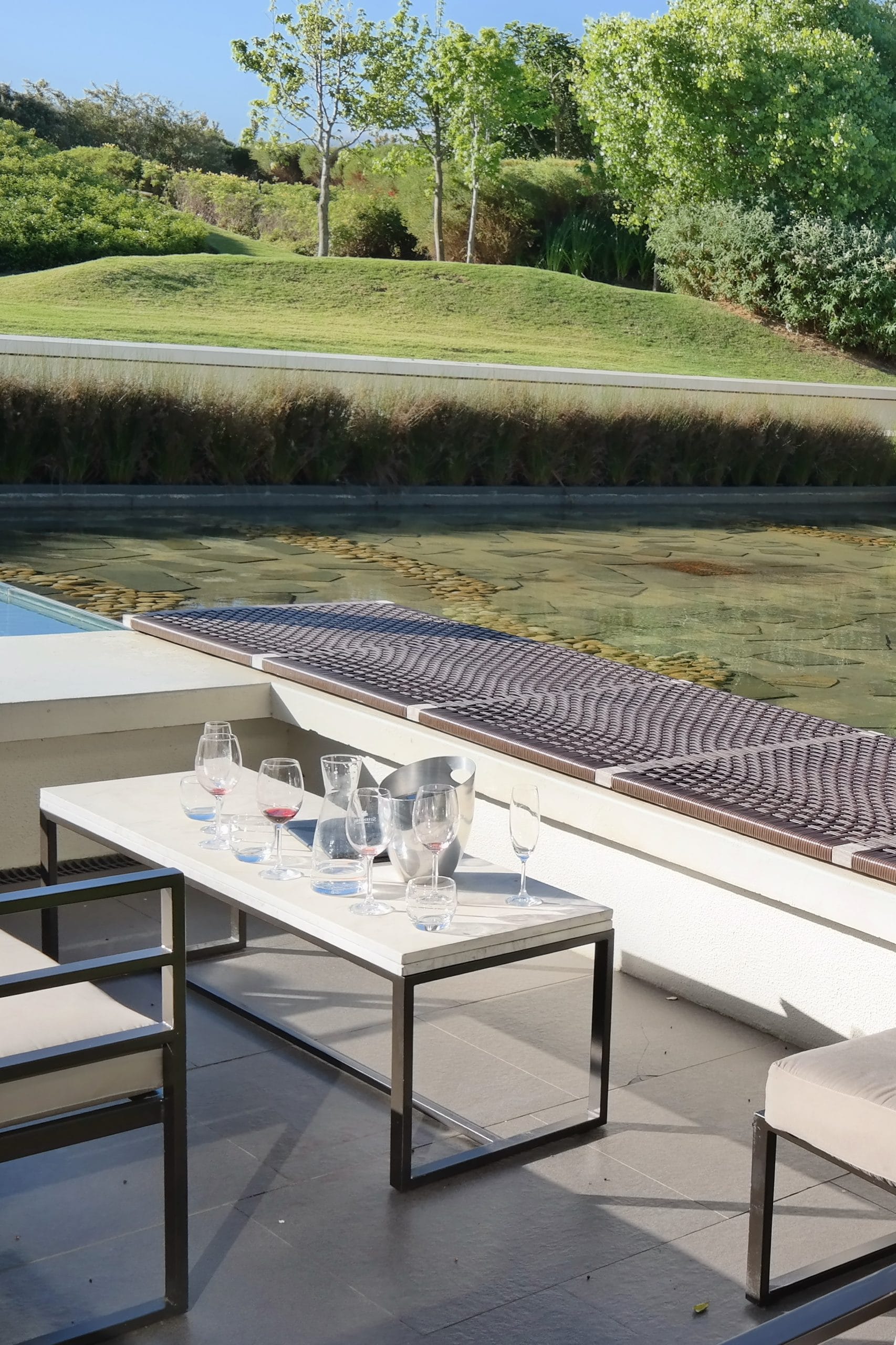 O imagine detaliata a unei zone de relaxare exterioare elegante de la Steenberg, concentrandu-se pe masa moderna cu pahare si un frapier, cu o parte din canapea si tufisul de verdeata in prim-plan.