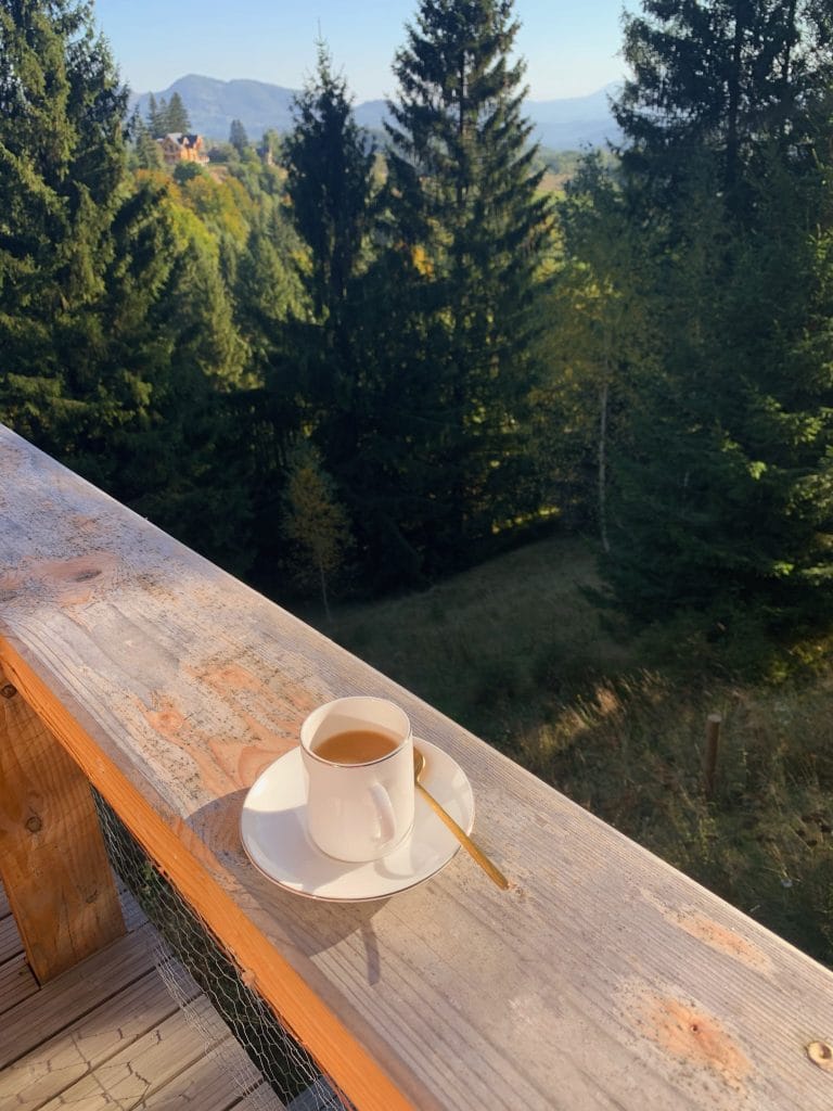 Ceașcă de cafea pe balustrada de lemn a terasei, cu pădure de brazi și munți în fundal, la Străjerii Verzi, Șirnea