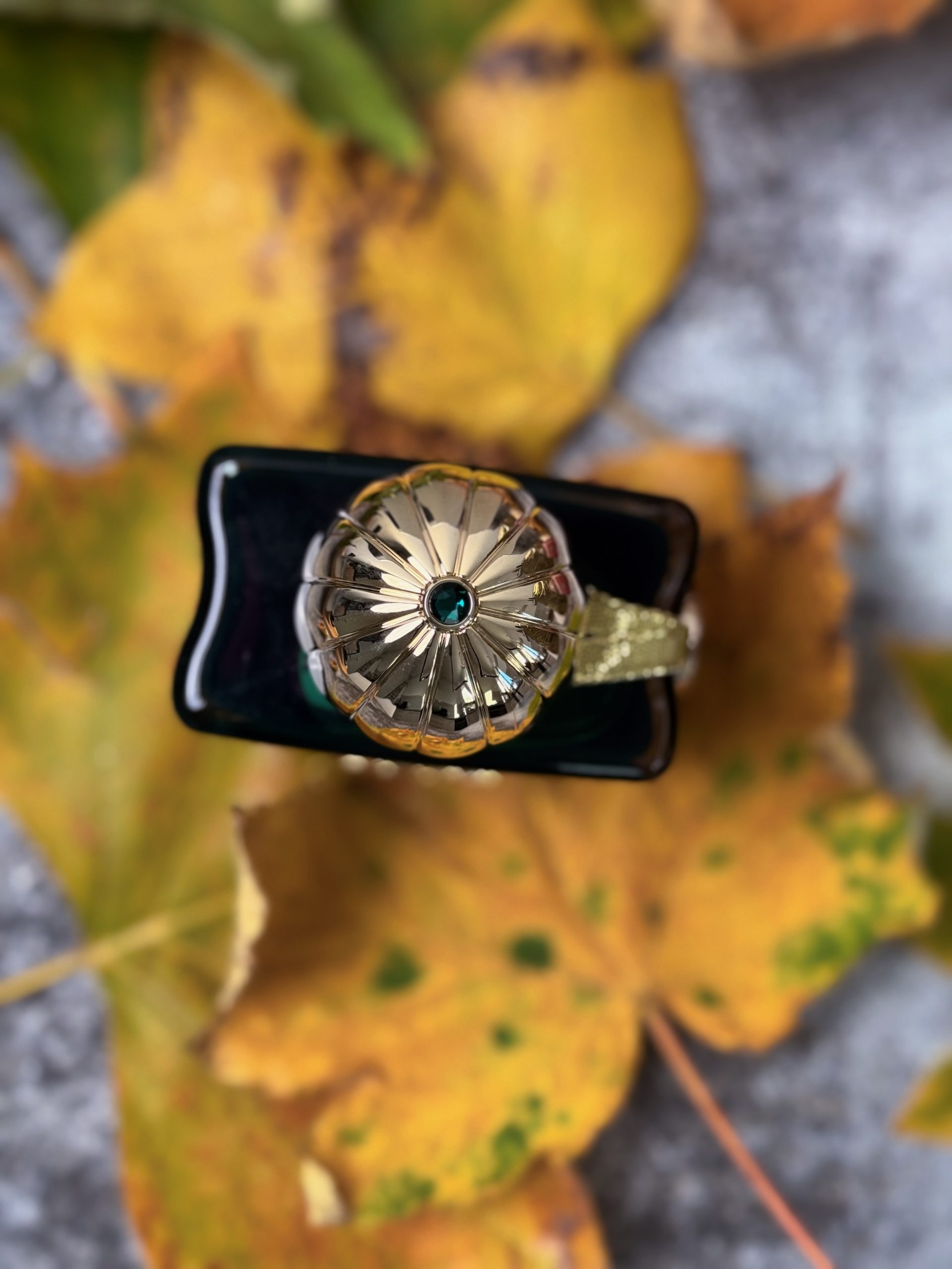 Fotografie de sus a parfumului Amouage Epic 56, cu un capac auriu decorat cu o piatră verde, așezat pe frunze galbene de toamnă