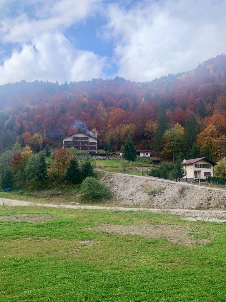 Cabane la poalele pădurii în culori de toamnă din Plaiul Foii, Piatra Craiului