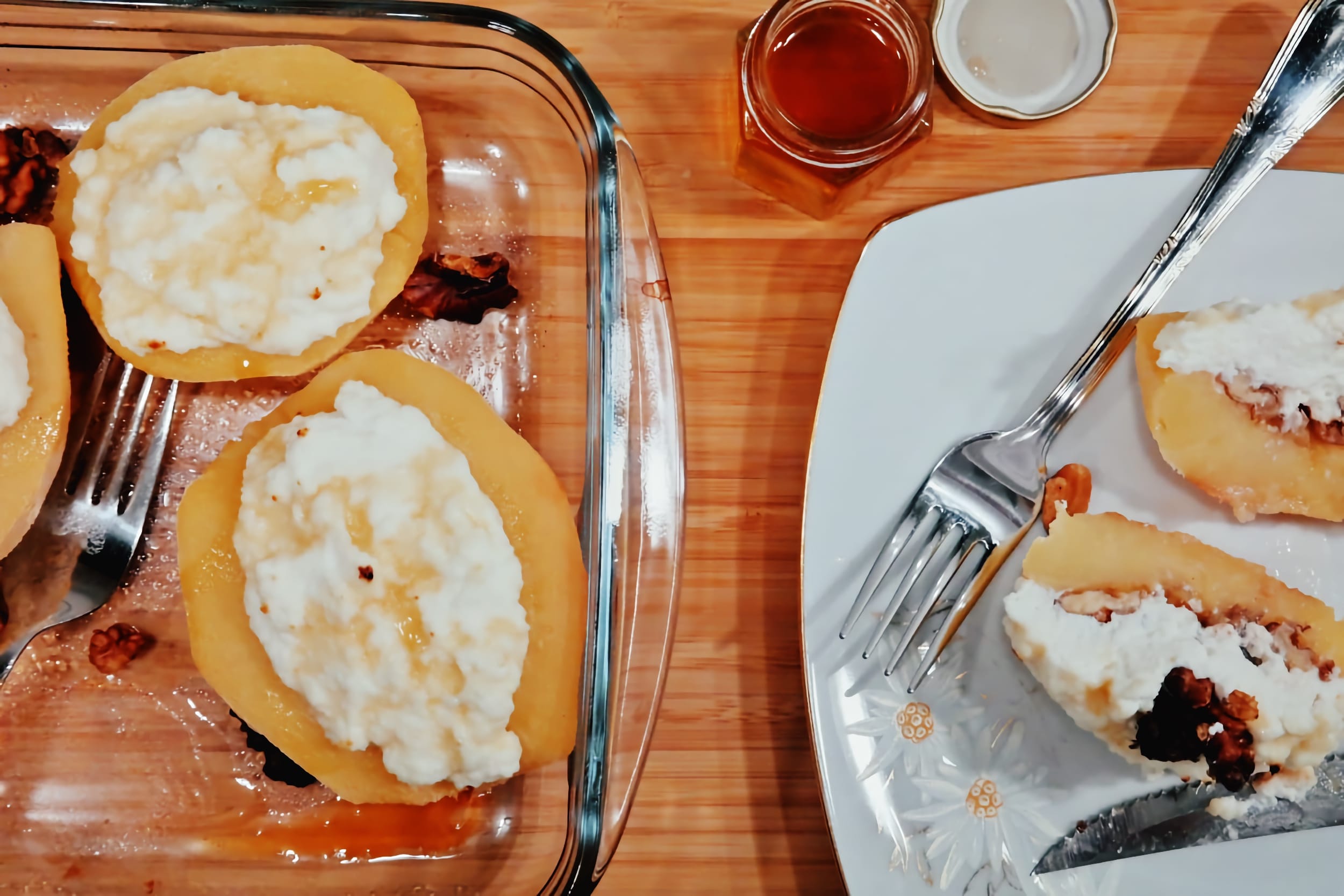 Baked quince with ricotta, walnuts and honey, photographed from above