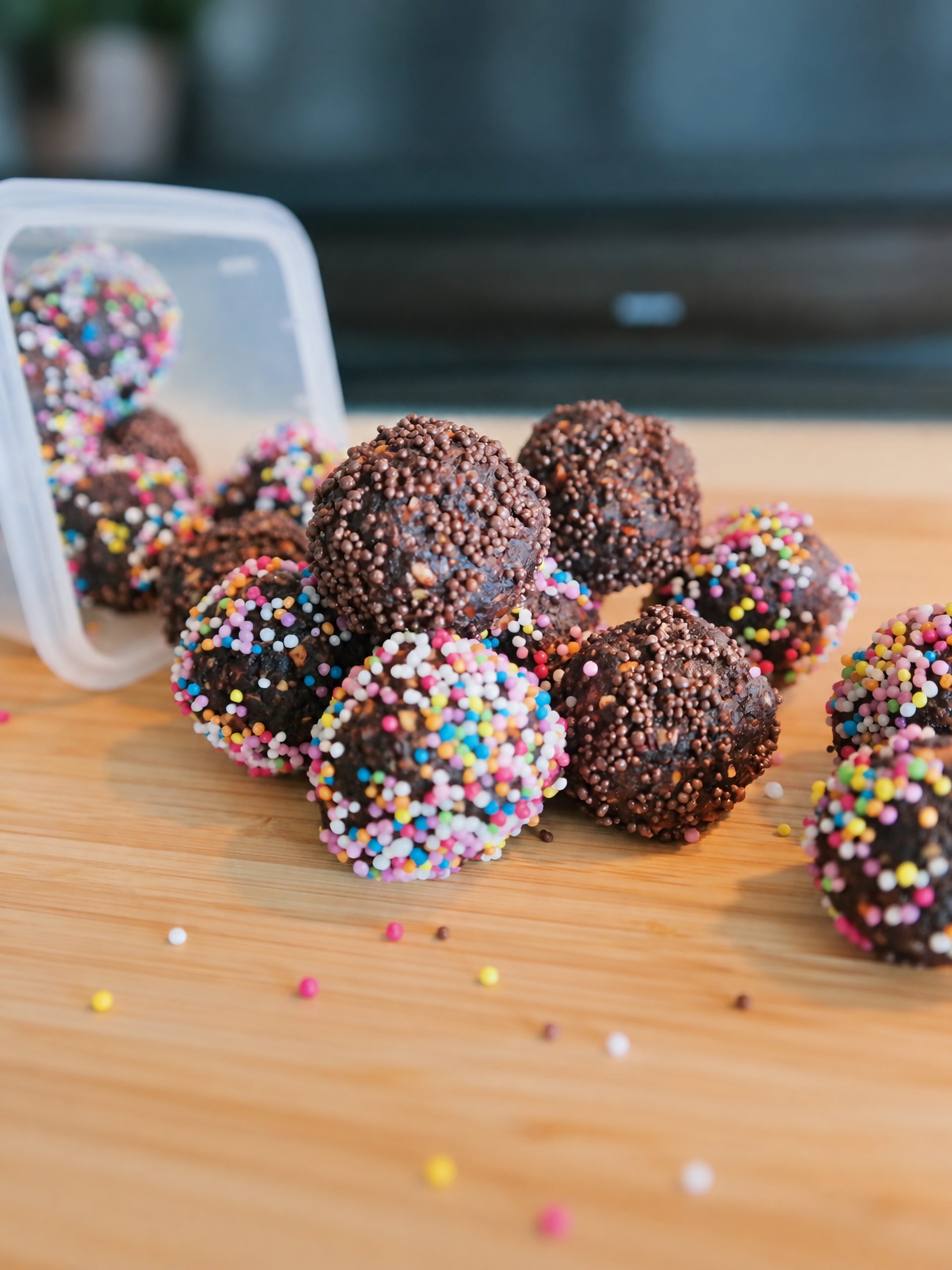 Cocoa balls coated with brown and colorful sprinkles on a wooden board