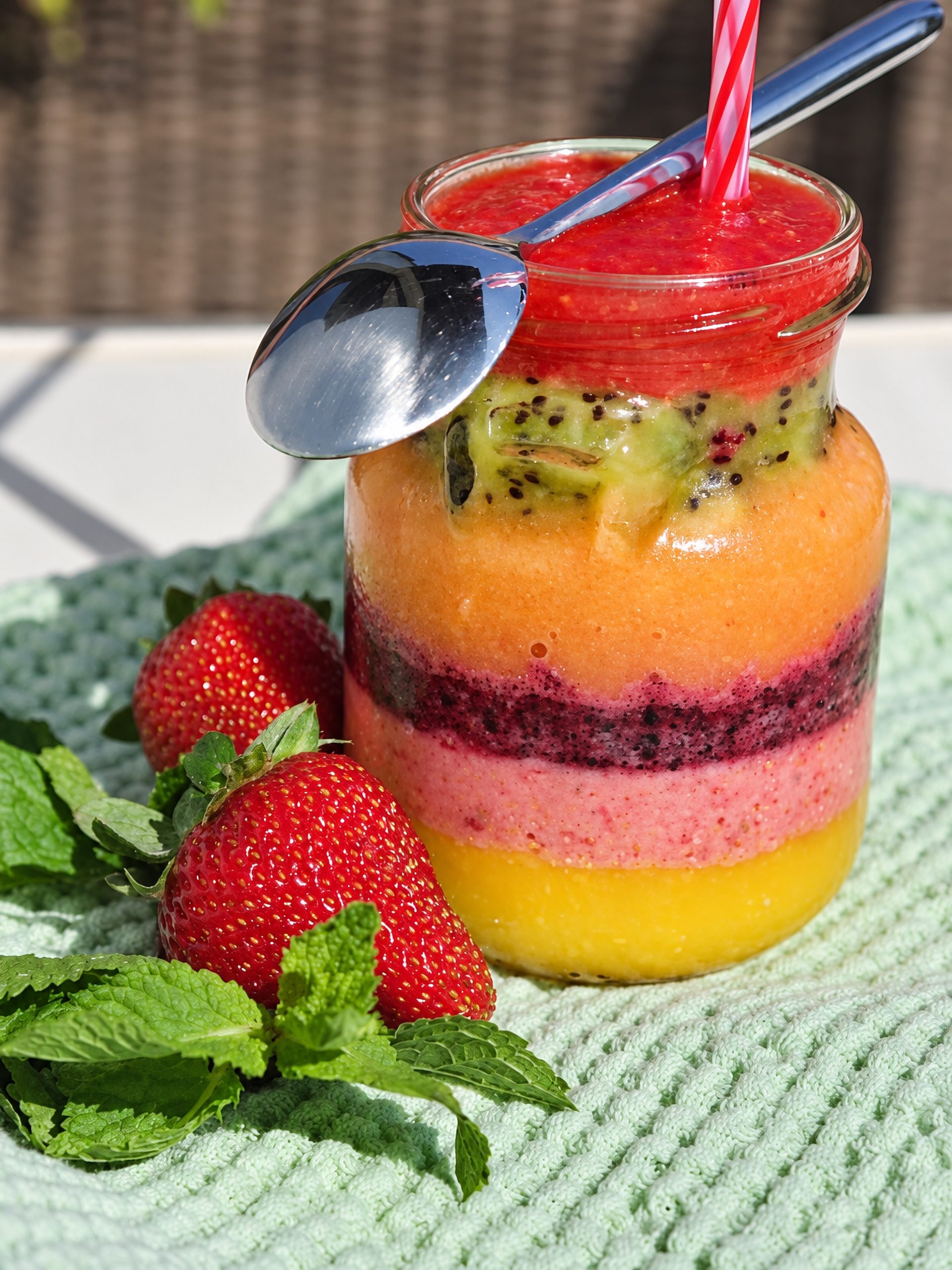 A jar of colourful layered smoothie with a spoon and straw, beside strawberries and mint leaves