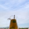 Glass pitcher of lemonade with citrus slices and mint on a green cloth, with sky and distant hills in the background