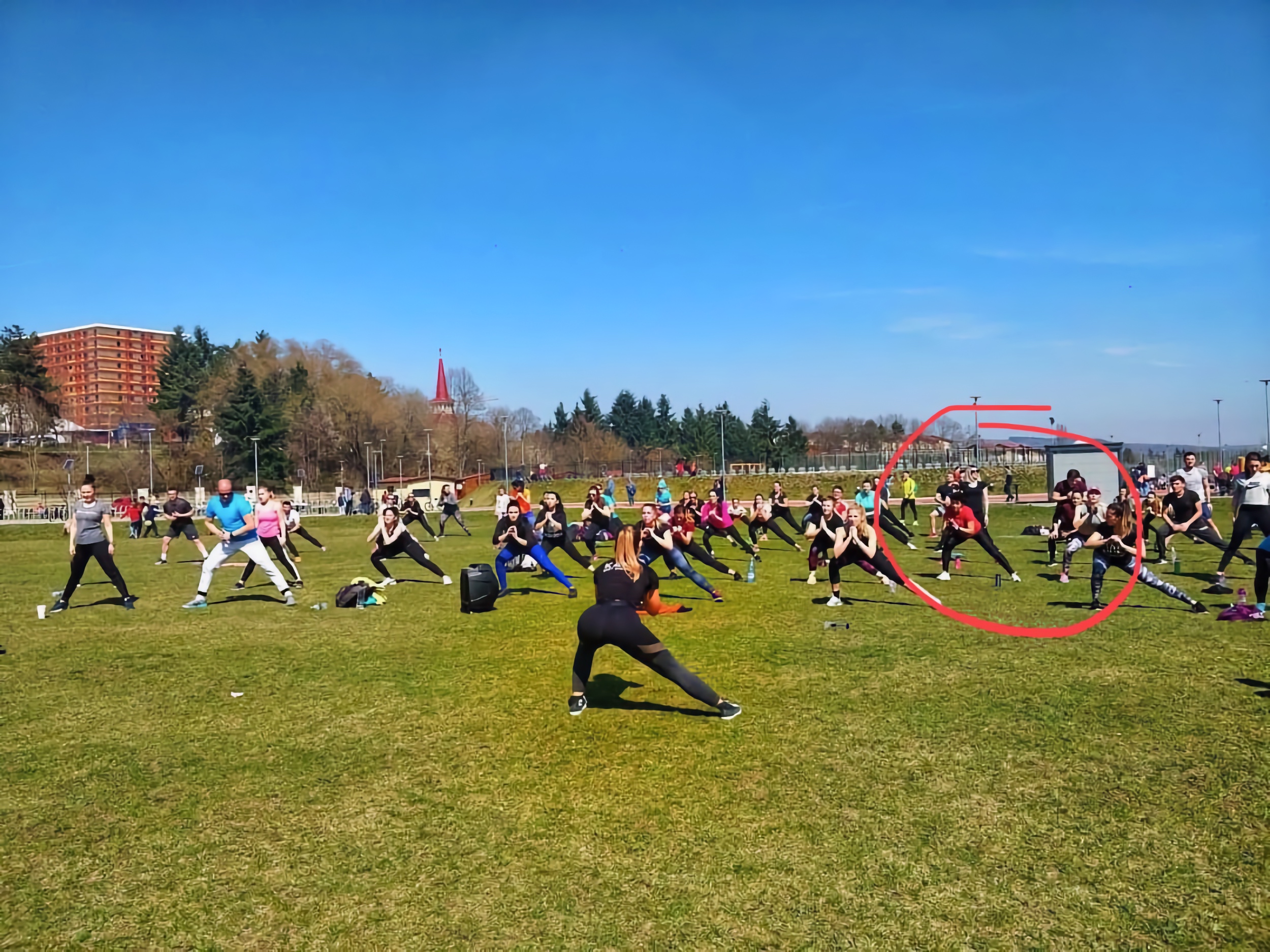 Grup de participanți făcând exerciții pe iarbă într-o zi însorită