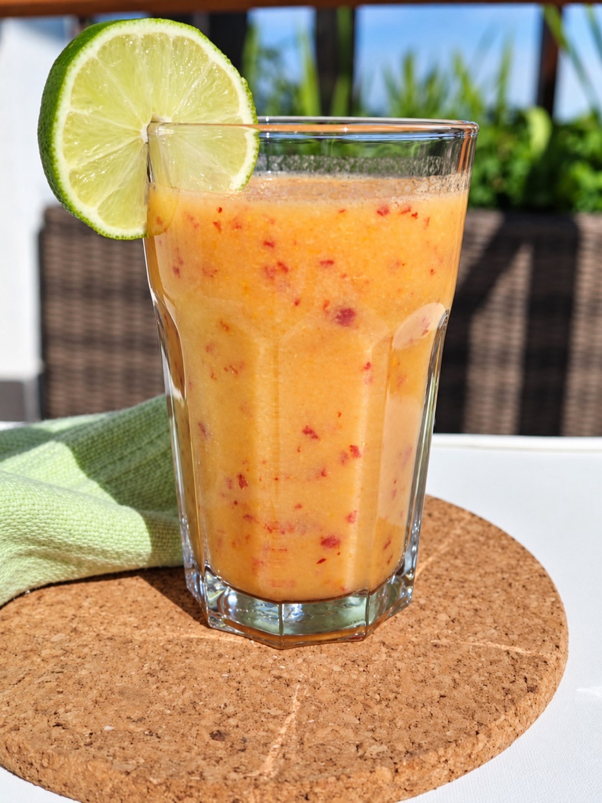 Pahar cu smoothie de piersici și o felie de lime pe margine, pe un suport de plută