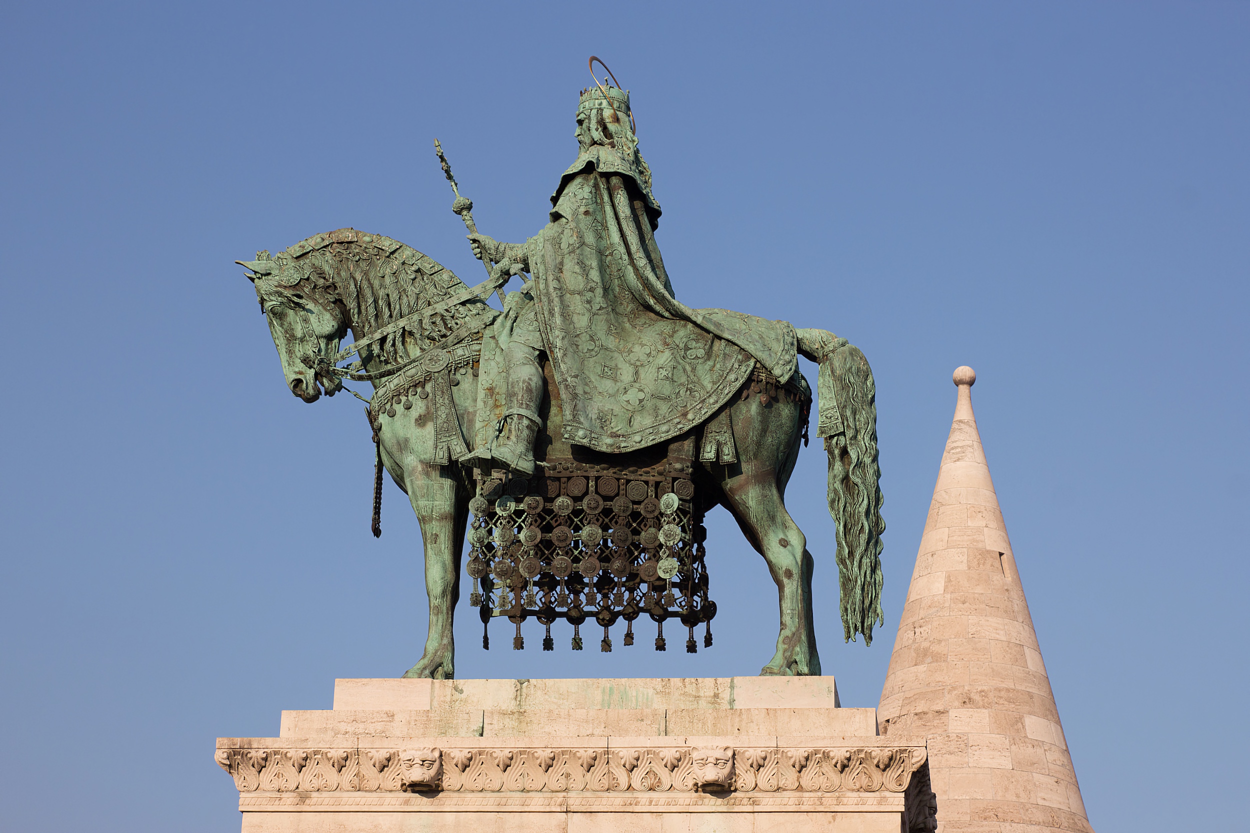 The equestrian statue of Saint Stephen with a Fisherman’s Bastion turret behind it