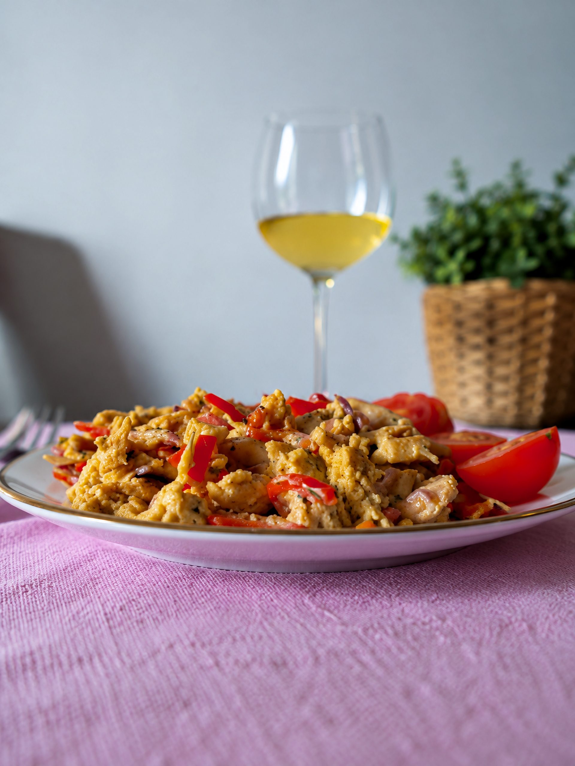 Spicy chicken with red peppers and eggs served on a plate, with a glass of white wine in the background