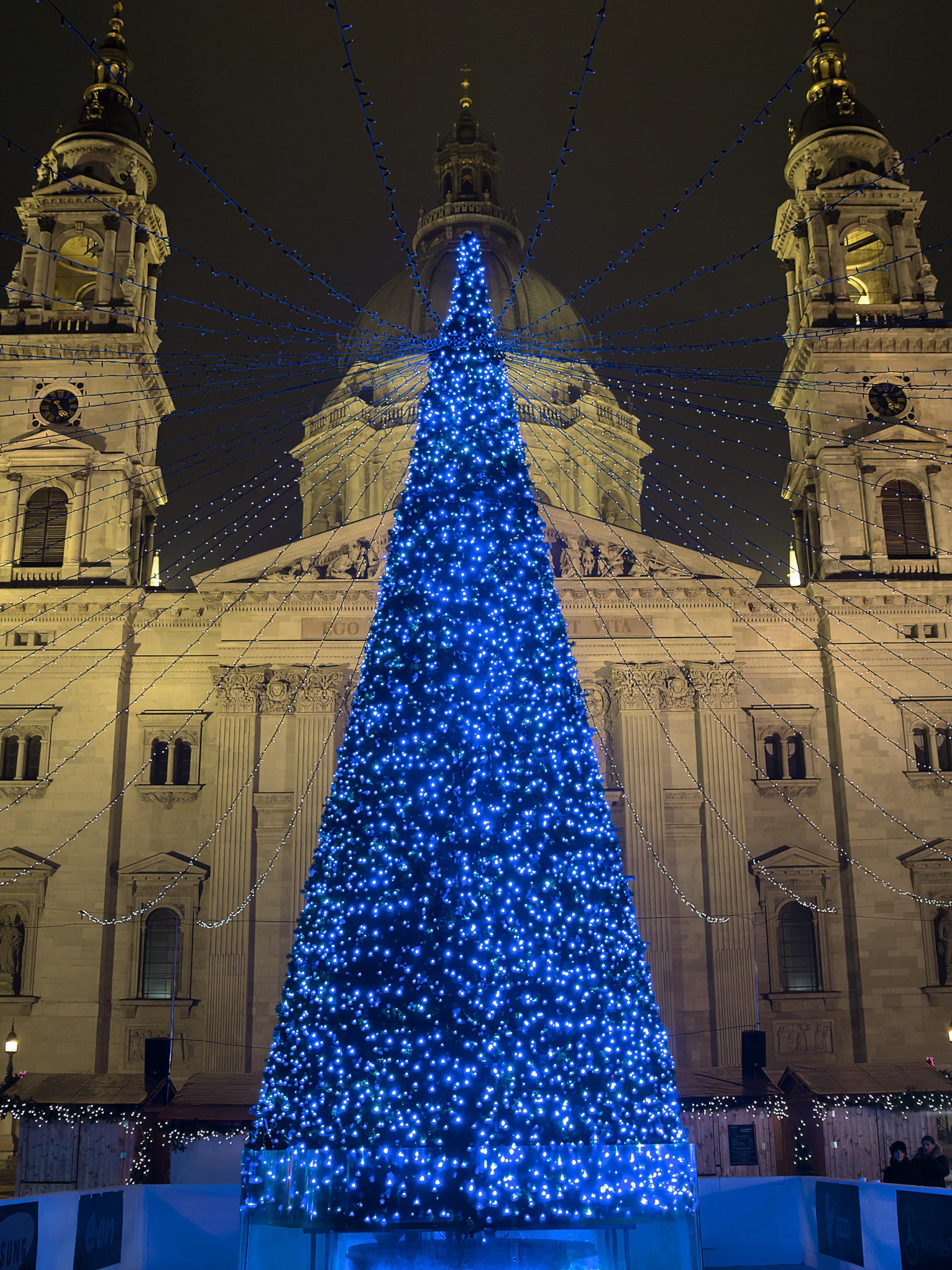 A blue-lit Christmas tree standing in front of St Stephen’s Basilica at night