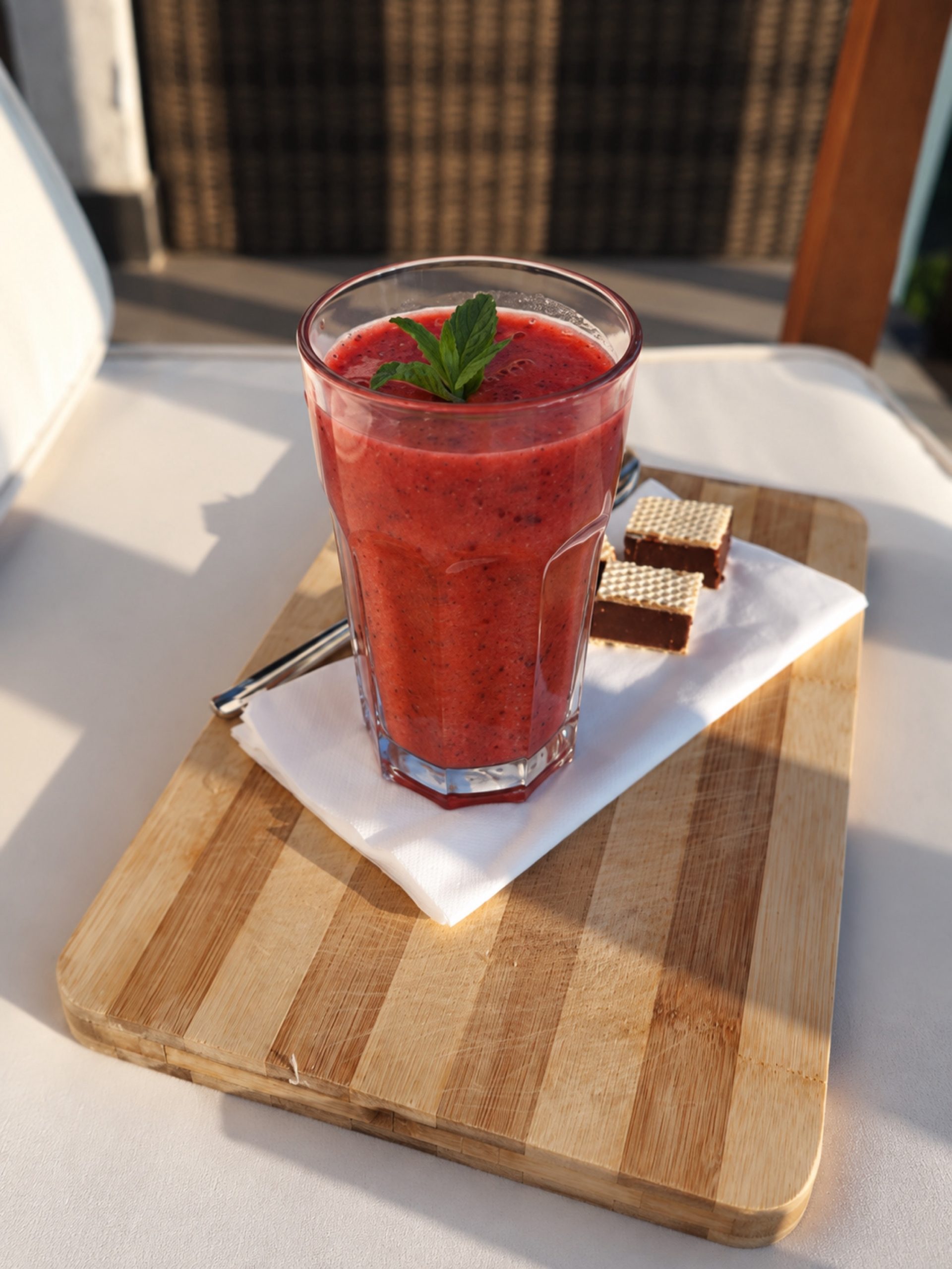 Pahar cu smoothie roșu și frunze de mentă, pe un tocător de lemn, l&acirc;ngă două bucăți de napolitană