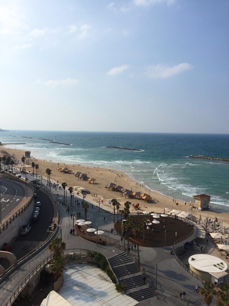 Vedere de sus asupra plajei din Tel Aviv, cu palmieri de-a lungul falezei și diguri &icirc;n Marea Mediterană