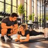 Illustration of a woman holding a forearm plank while a personal trainer crouches beside her, holding a stopwatch
